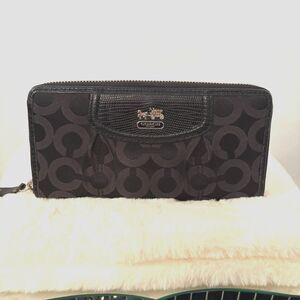 COACH Madison Dotted Zip Around Wallet Black Canvas with Gold Hardware